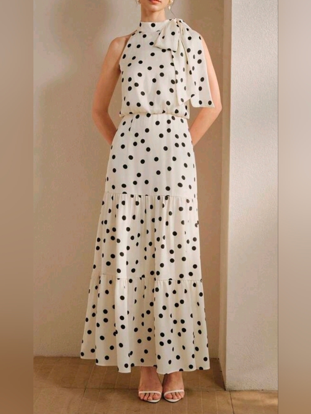 New Flowy Tie Bow Neck Tiered Halter Maxi Dress White Black